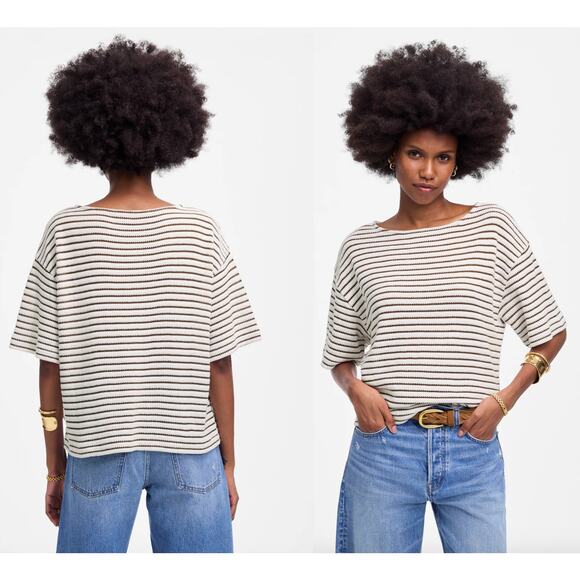 Madewell | NWT Embroidered Boxy Knit Tee in Stripe in Cream | Sz S - Picture 1 of 9